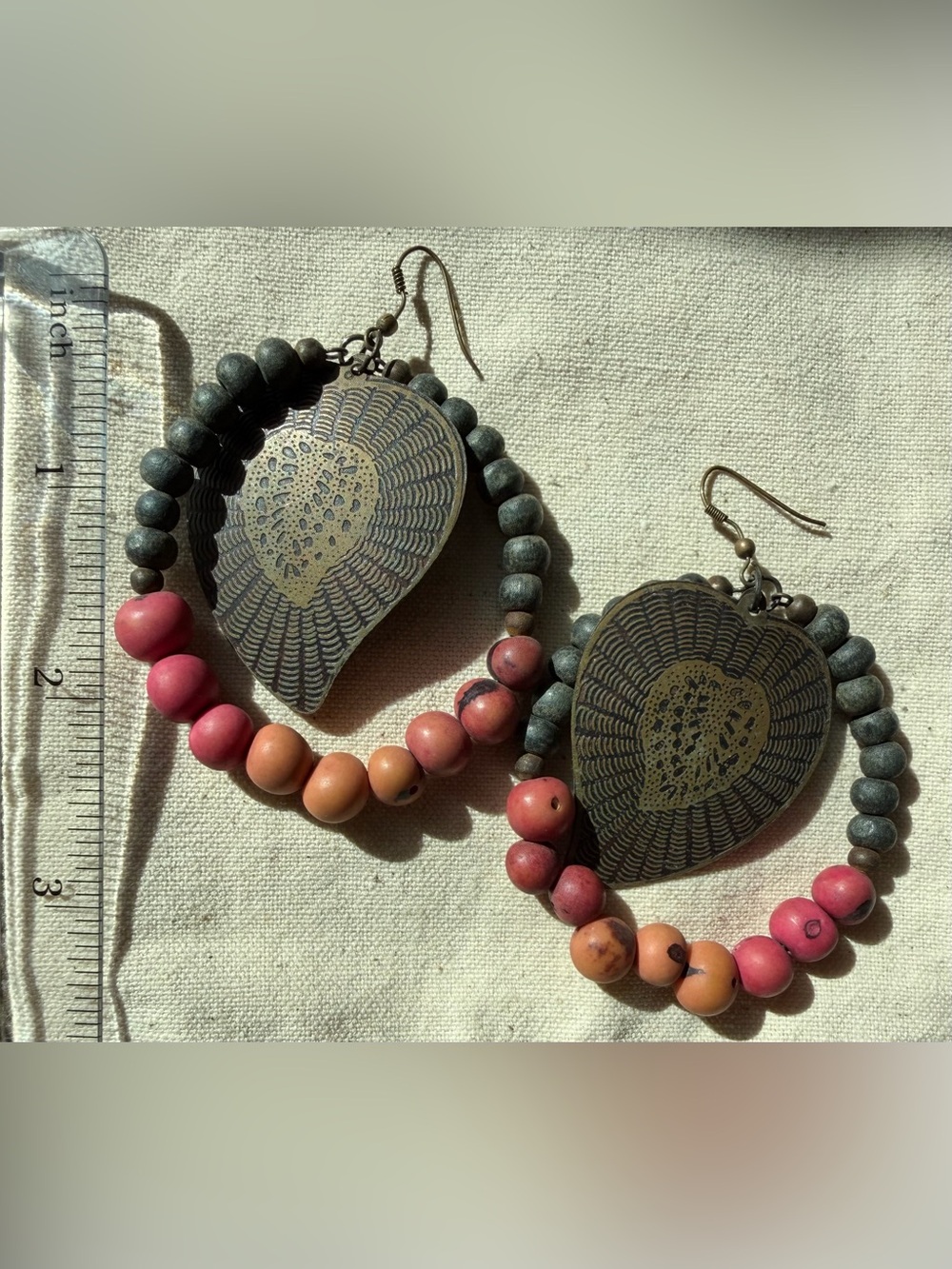 Handcrafted Heart Pendant Beaded Drop Earrings - Pink Gray Coral Distressed - Picture 3 of 4